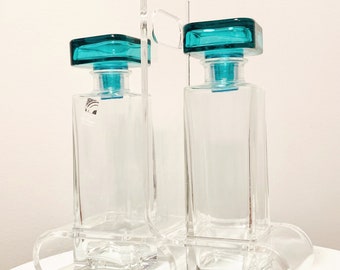 Vintage Cruet Bottles | Vintage Condiment Holder | Lucite Caddy | Luigi Bormioli Light & Music | Aqua Blue | Italian Vintage | Oil + Vinegar