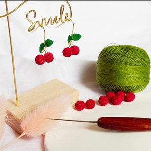 Micro Crochet cherry stud earrings, handmade earrings/Gift For Her/14 k GOLD handmade jewelry/summer fruit earrings, gift for mom /teacher