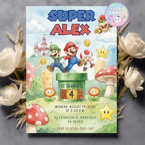 Könnte beinhalten: Eine Geburtstagseinladung im Aquarellstil mit dem Text "SUPER ALEX" und Illustrationen von Mario, Luigi und Toad. Die Einladung enthält den Text "IS TURNING 4" und Veranstaltungsdetails. Das Design integriert Elemente aus der Super Mario-Videospielserie.