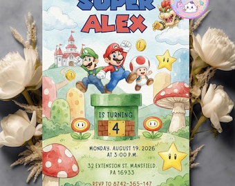 Super Mario verjaardagskaart, bewerkbare uitnodiging voor een videogamefeestje, printbare Canva-sjabloon, digitale Mario Bros-uitnodiging downloaden