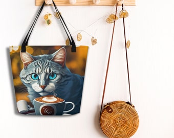 Cat Lover Grote Tote Bag, Cadeau voor Kat en Koffieliefhebber, Kat en Koffie Print Tas, Tas voor Kattenliefhebber, Tas voor Koffieliefhebber Dierenliefhebber Cadeau