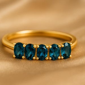 Teal Sapphire Engagement Ring: 14k White Gold, Five Stone Oval