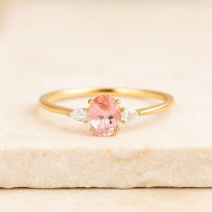 Dainty Pink Sapphire Engagement Ring for Woman: Oval Cut 14k Solid Gold Wedding Ring
