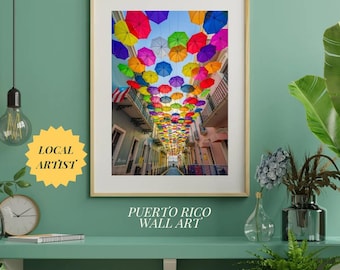 Iconic "Umbrella Street" in Calle Fortaleza, Old San Juan, Puerto Rico 4K HDR Digital Print