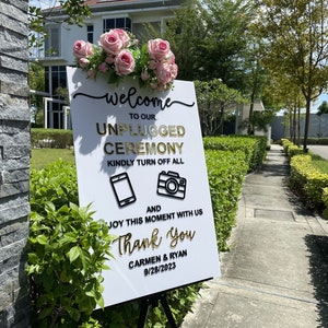 White Acrylic Unplugged Ceremony Sign with Gold Mirror Acrylic - Unplugged Wedding Sign - No Phones Wedding Sign