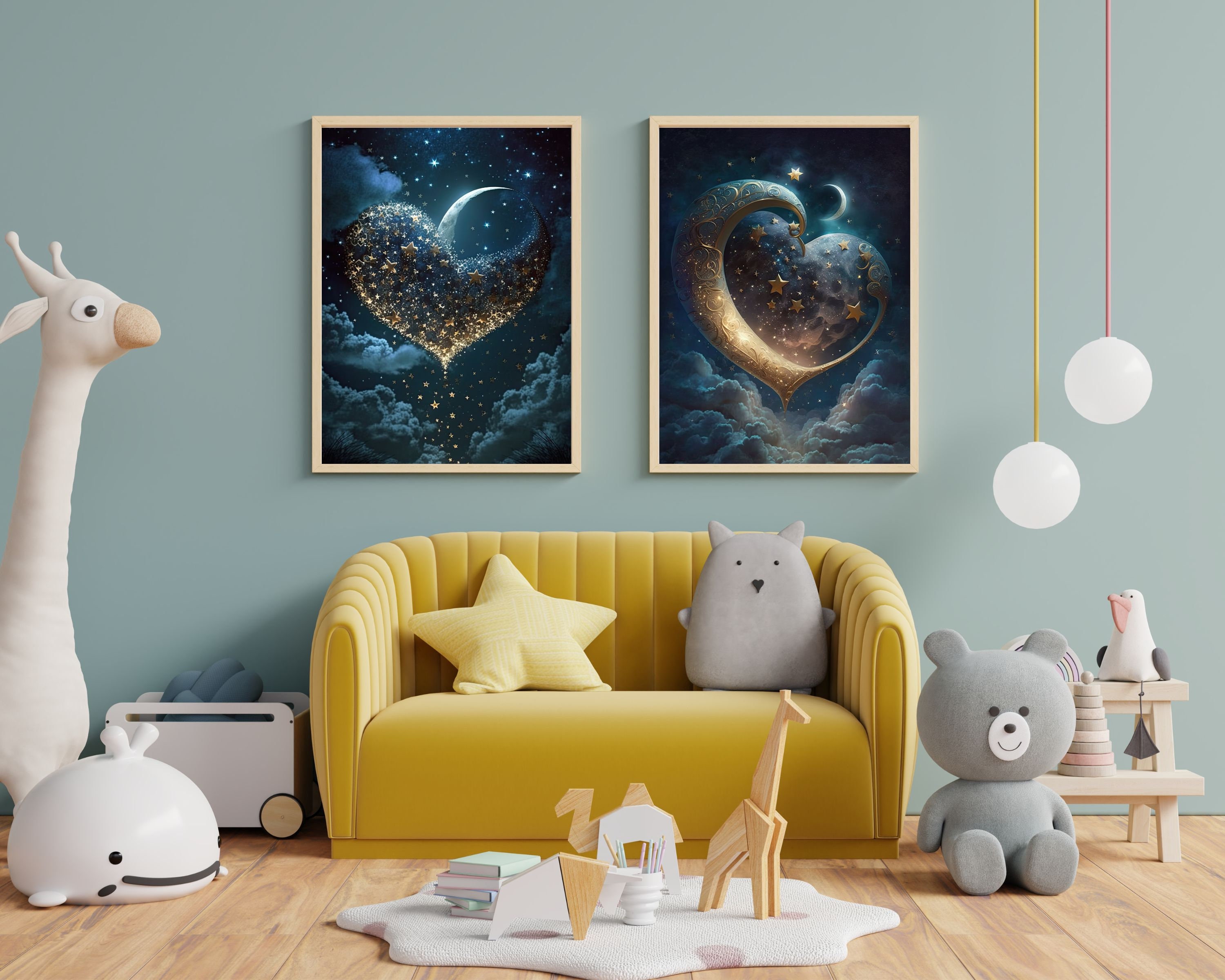 Printable Art Set of 2 Night Sky Stars and Hearts Digital Art Wall Art ...