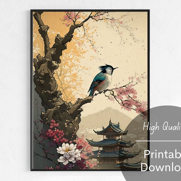 Printable Japanese Art Bird Sitting Perched on Cherry Blossom and Mountain Digital Wall Art For Home Printable Download Landscape Painting