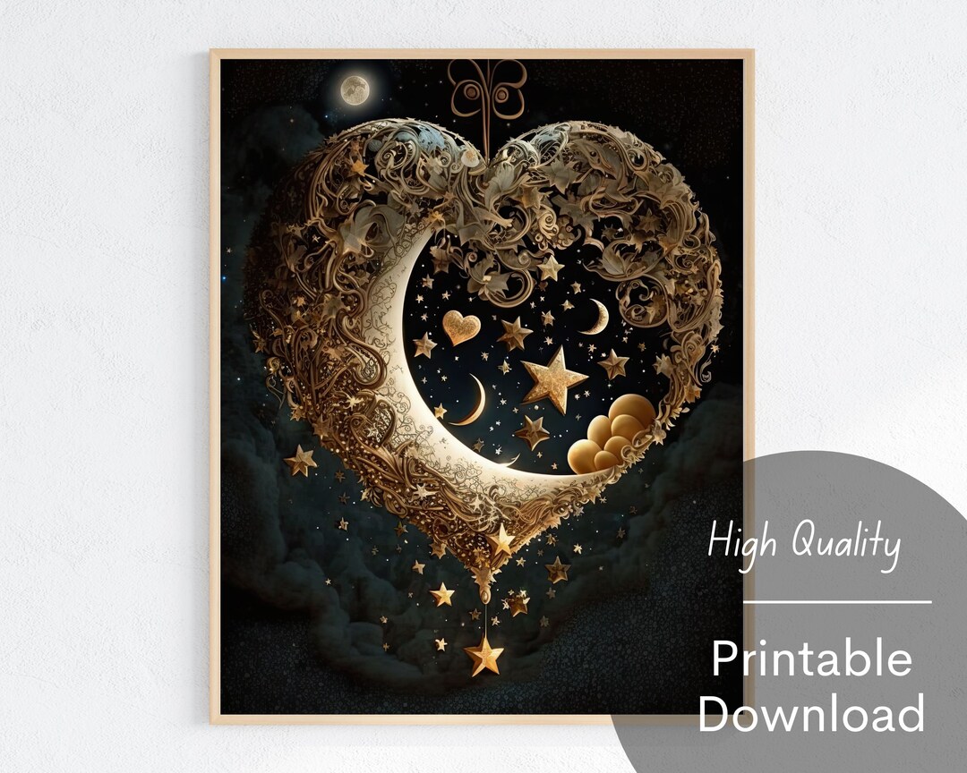 Heart and Stars in the Night Sky Printable Download Wall Art Digital ...