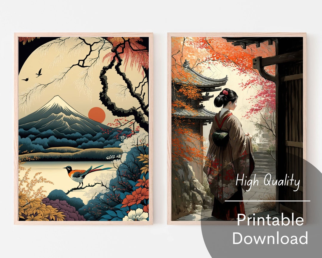 Japanese Art Set of 2 Traditional Japanese Paintings Digital Etsy