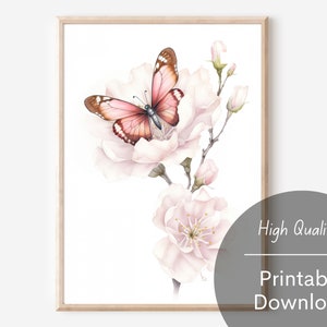 Pink Watercolor Butterfly On A Flower Wall Art Printable Abstract Pastel Butterfly Flower Digital Download Butterflies Spring Home Decor