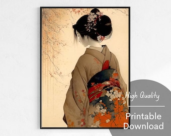 Peut inclure: Une femme en kimono japonais traditionnel avec un motif floral se tient devant un fond de fleurs de cerisier. Le kimono est un mélange de brun, rouge et blanc avec un motif floral. Les cheveux de la femme sont noirs et tirés en arrière en un chignon avec un ornement de fleurs.
