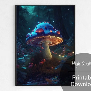 Digital Illustration of Glowing Bioluminescent Mushroom Digital Download Mushroom Wall Art Fantasy Mushroom Forest At Night Home Decor