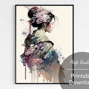 Watercolor Art of a Beautiful Geisha on A White Background Cherry Blossoms Digital Wall Art Printable Download Traditional Japanese Painting
