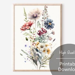 Watercolor Flowers on White Background Colorful Wildflower Wall Art Printable Download Wildflower Artwork Digital Download Beautiful Flowers