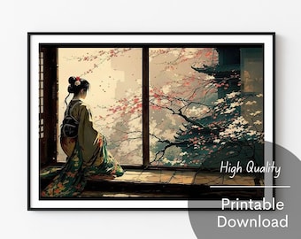 Peut inclure: Une femme vêtue d'un kimono japonais traditionnel est assise près d'une fenêtre et regarde un cerisier en fleurs. La fenêtre est encadrée de panneaux de bois et la scène est peinte dans une palette douce et tamisée.