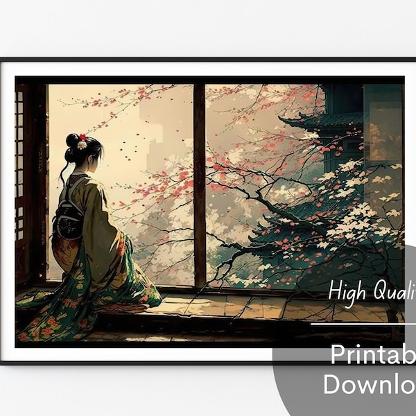 Traditional Japanese Inspired Geisha and Cherry Blossoms and Forest Digital Wall Art Printable Download Geisha Home Decor Cherry Blossoms