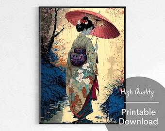 Printable Japanese Art of Geisha With a Wagasa Umbrella Digital Wall Art For Home Printable Download Geisha traditional Japanese Painting