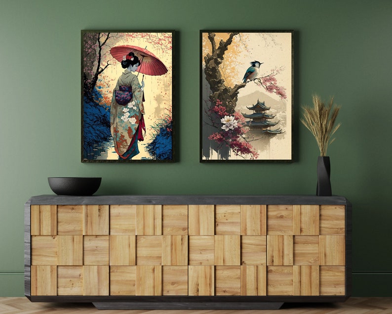 Japanese Art Set of 2 Traditional Japanese Paintings Digital Wall Art for Home Printable