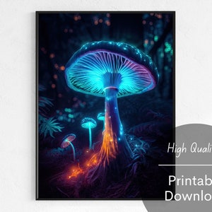 Glowing Mushroom Digital Download Mushroom Wall Art Fantasy Mushroom Forest Night Home Decor Magic Mushroom Digital Illustration Printable