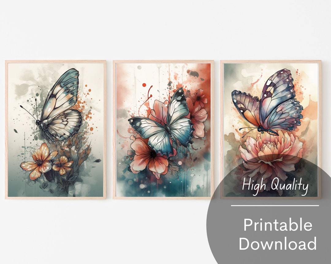3 Piece Wall Art of Watercolor Butterflies and Flowers Watercolor ...