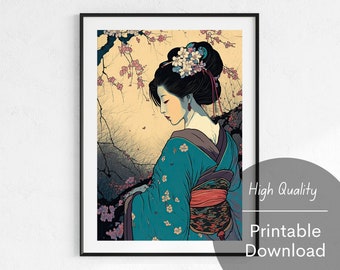 Art imprimable de la belle Geisha dans un Komono et des fleurs de cerisier roses Art mural numérique pour la maison Téléchargement imprimable Japandi Wall Art Flowers