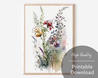 Watercolor Painting of Wildflowers Colorful Wildflower Wall Art Printable Download Wildflower Artwork Digital Download Spring Wildflowers