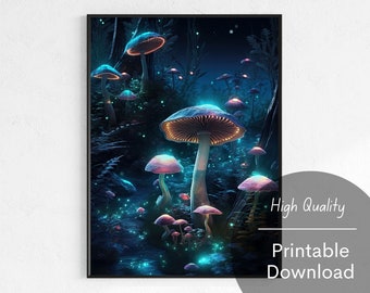 Digital Illustration of Glowing Mushroom Poster Digital Download Mushroom Wall Art Fantasy Mushroom Forest Night Home Decor Magic Mushroom