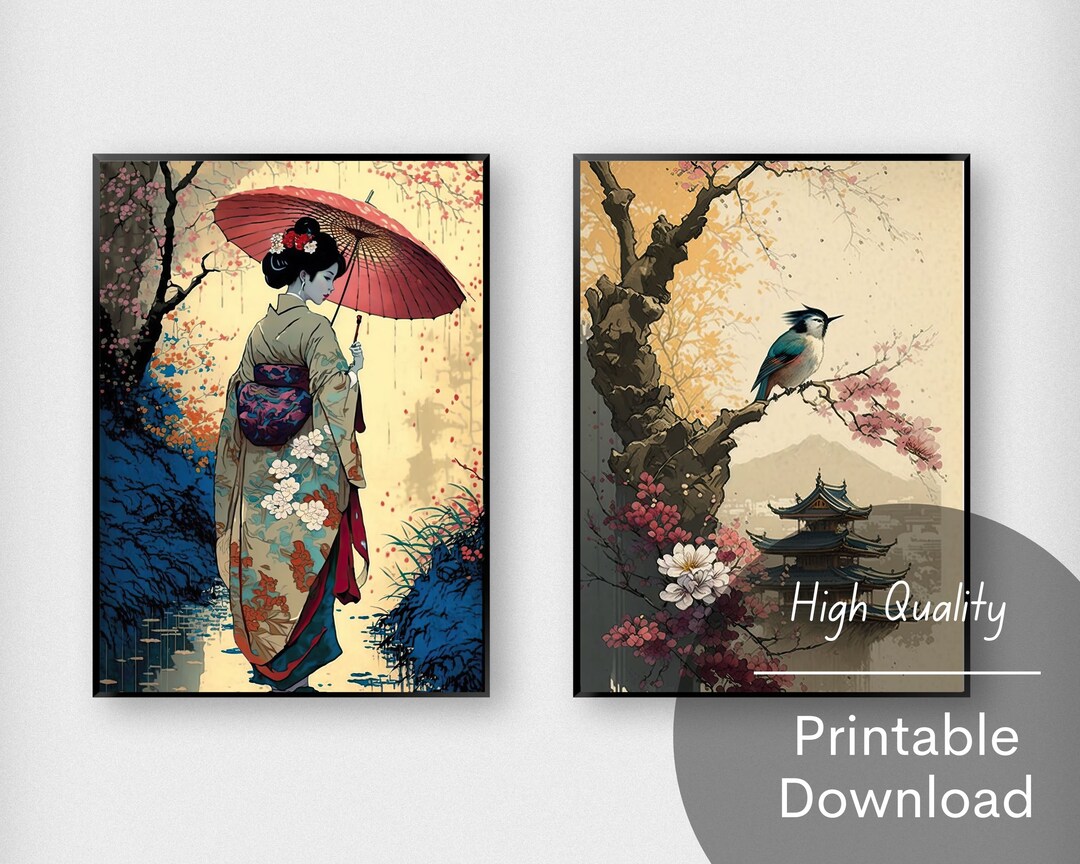 Japanese Art Set of 2 Traditional Japanese Paintings Digital Wall Art