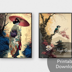 May include: Two digital art prints featuring Japanese-inspired scenes. The first print shows a woman in a traditional kimono holding a red and white umbrella, standing in a forest with cherry blossoms. The second print shows a blue bird perched on a branch of a cherry blossom tree, with a Japanese pagoda in the background.