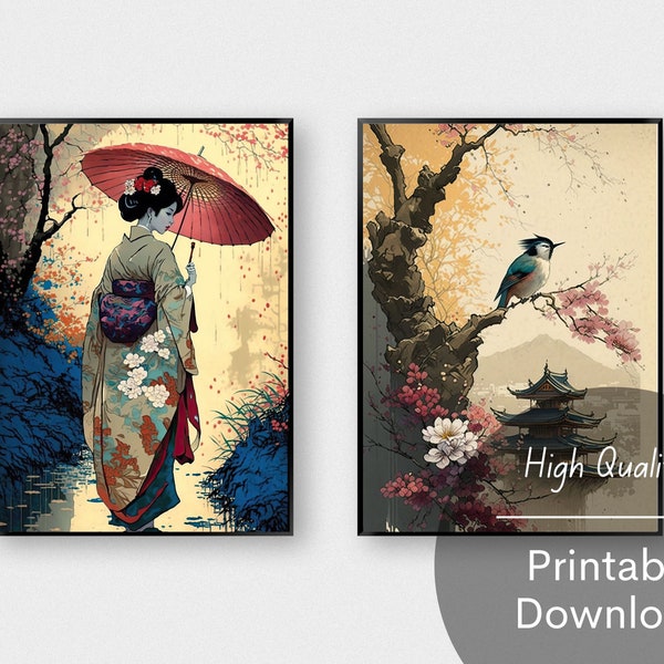 Japanese Art Set of 2 Traditional Japanese Paintings Digital Wall Art For Home Printable Download Geisha Japanese Landscape Cherry Blossoms