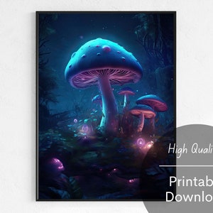 Digital Illustration of Glowing Mushroom Poster Digital Download Mushroom Wall Art Fantasy Mushroom Forest Night Home Decor Magic Mushroom