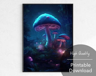 Digital Illustration of Glowing Mushroom Poster Digital Download Mushroom Wall Art Fantasy Mushroom Forest Night Home Decor Magic Mushroom