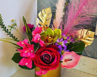 Modern Bright Tropical Floral Arrangement in Gold Vase