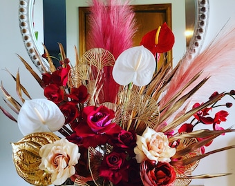 One-Sided Silk Modern Red and Gold Tropical Boho Arrangement