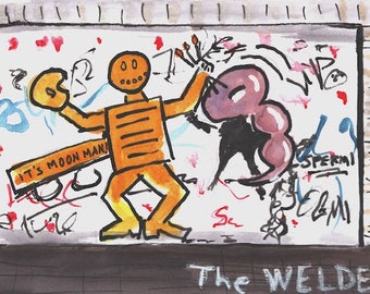 Welder Graffiti street art mural, a story about Moon Man was part of NYCs city scape in the 1990s. Fine art ink and watercolor matted print.