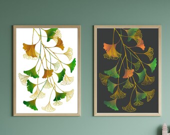 Arte digital de hoja de ginkgo, arte mural de dos piezas, arte mural botánico, hoja de ginkgo biloba, arte de ginkgo, decoración botánica de habitación, minimalista botánico