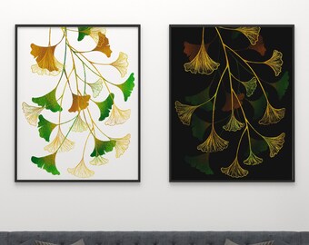 Ginkgo Leaf Art Print, Set of 2, Ginkgo Leaf Print, Digital Download Art, Leaf Art Print, Gingko Art, Nature Home Decor, Leaves Line Drawing