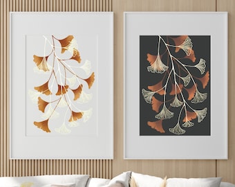 Arte mural de hojas de ginkgo, arte mural de dos piezas, impresión de hojas de ginkgo, arte mural botánico, hoja de ginkgo biloba, arte de descarga digital, impresión artística de hojas