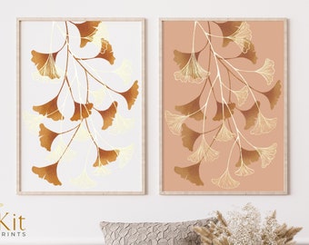 Impresión digital de hoja de ginkgo, juego de 2, arte mural botánico, hoja de ginkgo biloba, impresión de arte de hoja, decoración de sala botánica, decoración de la naturaleza para el hogar