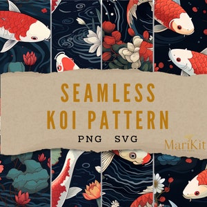 Peut inclure: Motif sans couture représentant des poissons rouges et blancs de type koï nageant dans un étang bleu foncé avec des fleurs blanches et roses. Le texte "SEAMLESS KOI PATTERN PNG SVG" est affiché en lettres dorées sur un fond brun.