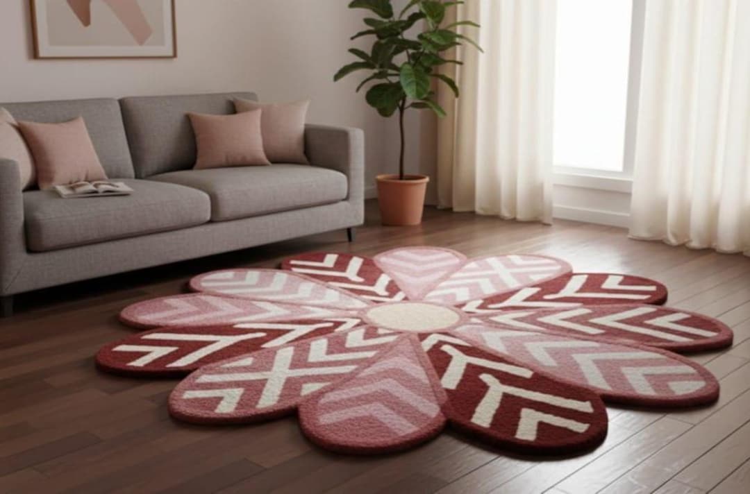 Hand Tufted Flower Shape Rug, Pink Geometric Modern Floral Area Petal ...