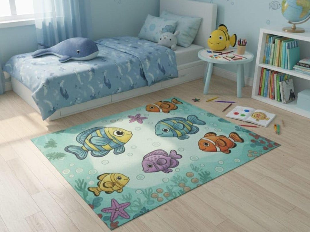 Kids Underwater Ocean Wool Rug, Handmade Cartoon Fish Design Adventure ...