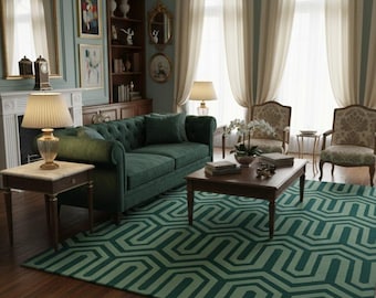 Modern Geometric Wool Rug, Hand Tufted Area Rug, Teal Green Contemporary Carpet, Mid Century Modern Rug, Living Room Bedroom Decor