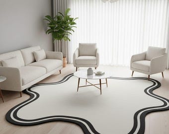 Modern Abstract Hand Tufted Wool Rug, Irregular Shape Black White Carpet, Kids Room Area Rug, Contemporary Nursery Decor, Custom Size Rug
