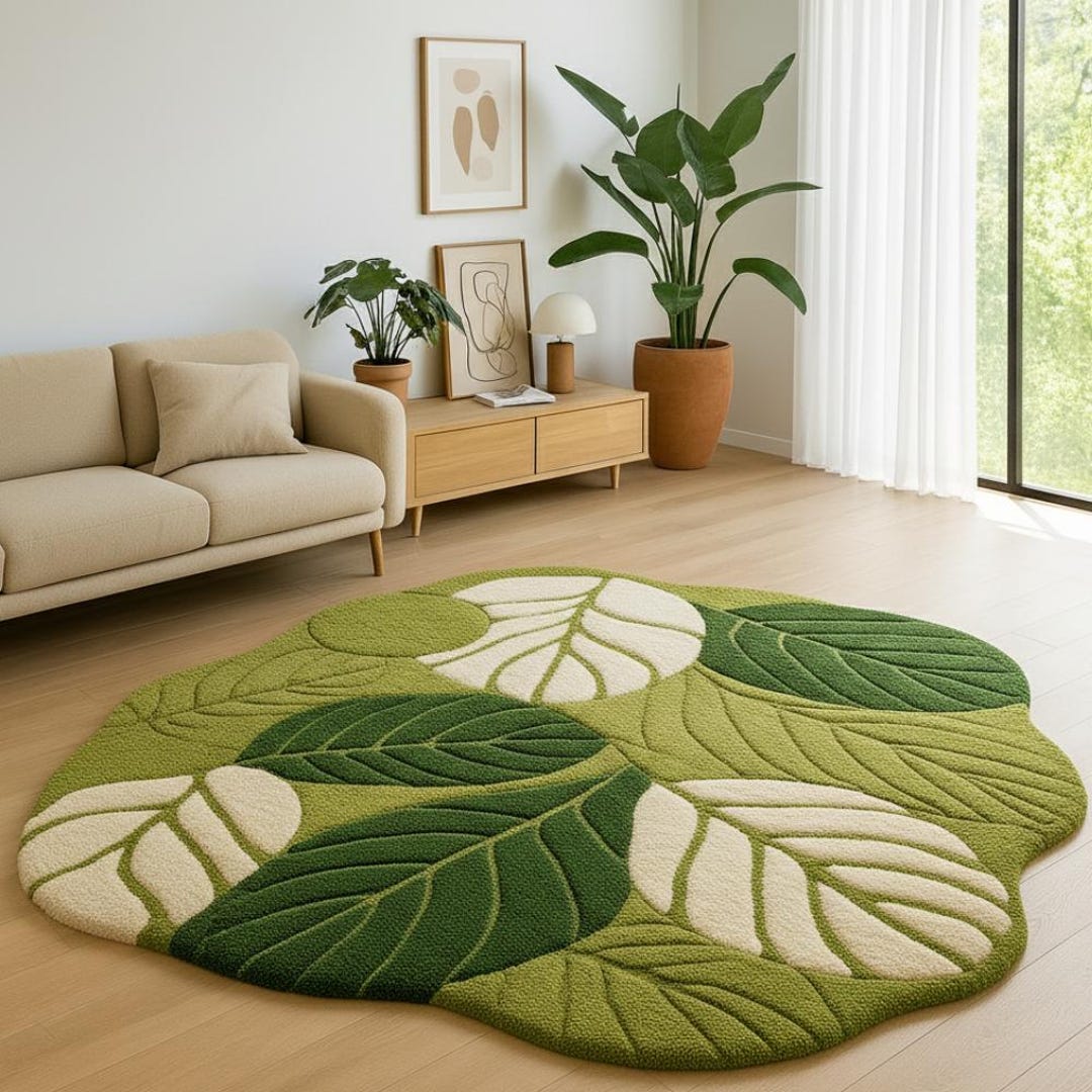 Handmade Botanical Leaf Tufted Wool Rug, Organic Nature Carpet, Leaf ...