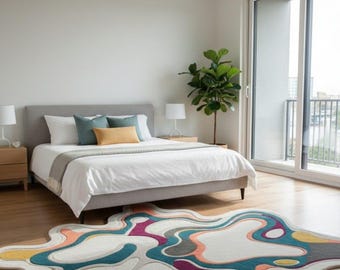 Alfombra abstracta de lana con formas irregulares, moderna alfombra tejida a mano, contemporánea con formas orgánicas, colorida y llamativa para sala de estar.