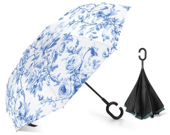 Eleganter blauer Chinoiserie-Blumen-Umbrella-Umbrella - umgekehrter winddichter Auto-Regenschirm mit C-förmigem Griff, Freisprecheinrichtung, doppellagiger Pongee