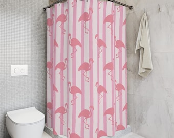 Tenda da doccia con fenicotteri rosa / Decorazione da bagno a righe tropicali