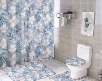Juego de cortina de ducha con estampado floral azul y 3 alfombras