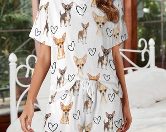 Pigiama da donna Chihuahua, pigiama estivo a maniche corte, pigiama con stampa di cani, pigiama leggero